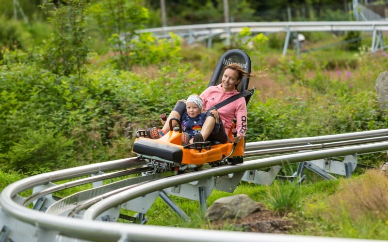 Ein Erwachsener und ein Kind fahren gemeinsam in einem orangefarbenen Alpine-Coaster-Wagen auf einer Metallschiene durch eine grüne, bewaldete Gegend.