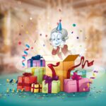 Eine Zeichentrickfigur in historischer Kleidung und mit Partyhut öffnet eine leuchtende Schachtel, umgeben von bunt verpackten Geschenken, Konfetti und Luftschlangen.