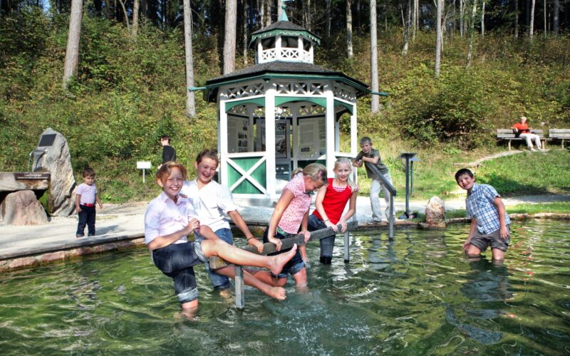 Eine Gruppe von Kindern und Erwachsenen steht und spielt in einem flachen Außenbecken in der Nähe eines kleinen weißen Pavillons, umgeben von Bäumen und Grün.