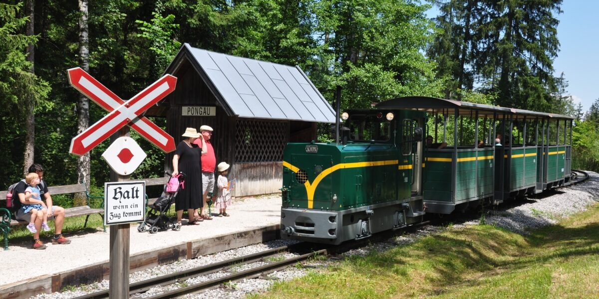 Ein kleiner grüner Zug hält in einem ländlichen Bahnhof mit wartenden Fahrgästen, umgeben von Bäumen und einem Bahnübergangsschild im Vordergrund.