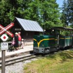 Ein kleiner grüner Zug hält in einem ländlichen Bahnhof mit wartenden Fahrgästen, umgeben von Bäumen und einem Bahnübergangsschild im Vordergrund.
