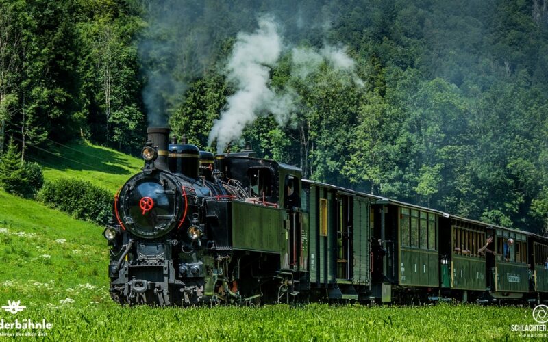 Eine schwarze Dampflokomotive fährt durch eine üppige grüne Landschaft mit Bäumen im Hintergrund und stößt weißen Rauch aus ihrem Schornstein aus.