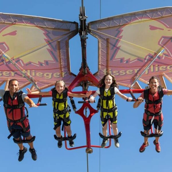 Vier Personen in Klettergurten schweben auf einer Seilrutsche mit großen Adlerflügeln vor einem strahlend blauen Himmel durch die Luft.