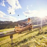 Zwei Personen fahren mit einem Alpine Coaster einen grasbewachsenen Hang hinunter, mit Bäumen, Seilbahnen und Bergen im Hintergrund in der strahlenden Sonne.