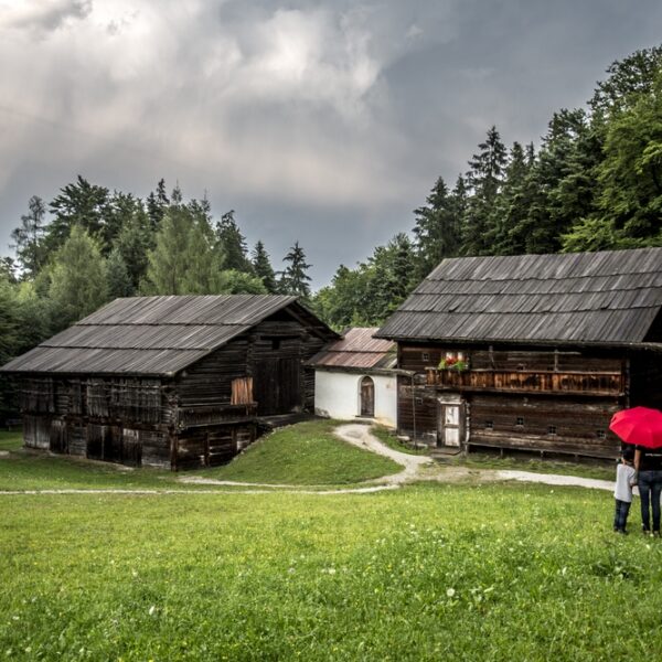 Zwei Personen mit einem roten Regenschirm stehen auf einer Wiese in der Nähe von zwei alten Holzhäusern, mit Bäumen und einem bewölkten Himmel im Hintergrund.