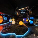 Eine wissenschaftliche Ausstellung in einem Innenraum zeigt beleuchtete Modelle des Sonnensystems, eine Raketennachbildung und Lehrtafeln zur Weltraumforschung.
