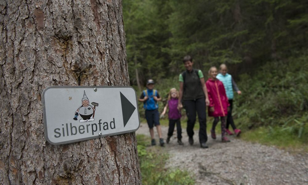 An einem Baum ist ein Schild mit der Aufschrift "Silberpfad" und einem Gnom abgebildet; im Hintergrund geht eine Gruppe von fünf Personen auf einem Waldweg.