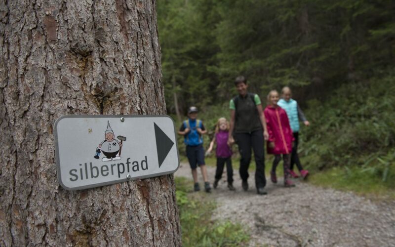 An einem Baum ist ein Schild mit der Aufschrift "Silberpfad" und einem Gnom abgebildet; im Hintergrund geht eine Gruppe von fünf Personen auf einem Waldweg.