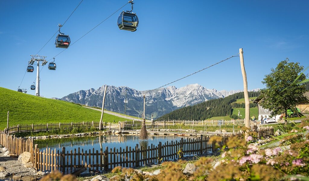 Die Seilbahnen fahren über einen kleinen, eingezäunten Teich, der von grasbewachsenen Hügeln umgeben ist, während im Hintergrund unter einem strahlend blauen Himmel schneebedeckte Berge zu sehen sind.
