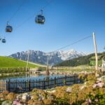 Die Seilbahnen fahren über einen kleinen, eingezäunten Teich, der von grasbewachsenen Hügeln umgeben ist, während im Hintergrund unter einem strahlend blauen Himmel schneebedeckte Berge zu sehen sind.