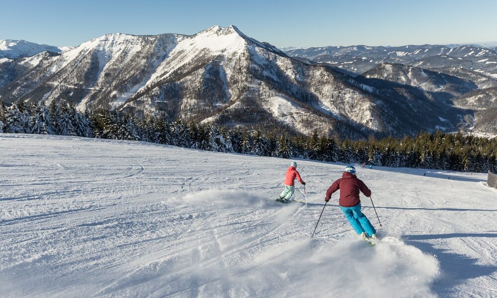 Zwei Skifahrer fahren einen verschneiten Hang hinunter, mit bewaldeten Bergen und einem klaren blauen Himmel im Hintergrund.