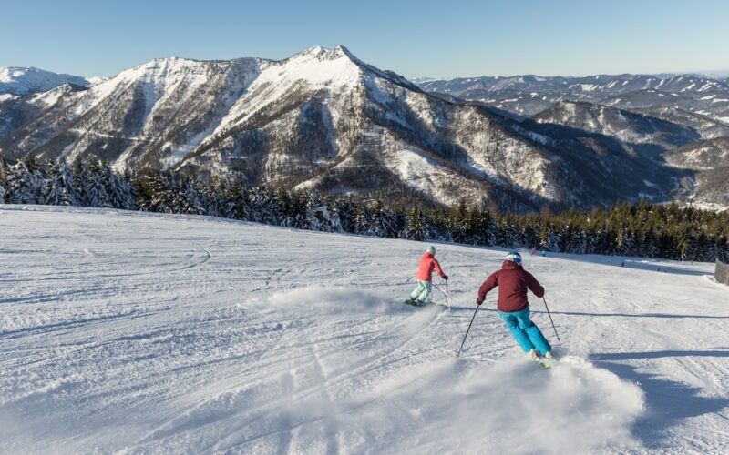 Zwei Skifahrer fahren einen verschneiten Hang hinunter, mit bewaldeten Bergen und einem klaren blauen Himmel im Hintergrund.