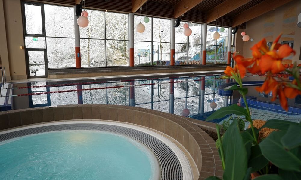 Hallenbad mit Whirlpool im Vordergrund, große Fenster mit schneebedeckten Bäumen im Freien und orangefarbenen Blumen auf der rechten Seite.