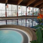 Hallenbad mit Whirlpool im Vordergrund, große Fenster mit schneebedeckten Bäumen im Freien und orangefarbenen Blumen auf der rechten Seite.