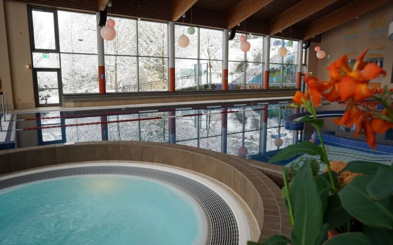 Hallenbad mit Whirlpool im Vordergrund, große Fenster mit schneebedeckten Bäumen im Freien und orangefarbenen Blumen auf der rechten Seite.