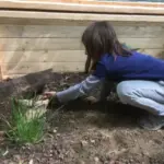 Ein Kind hockt in einem Garten und streckt sich in der Nähe einiger Pflanzen und eines Holzstücks an einem Holzzaun zu Boden.