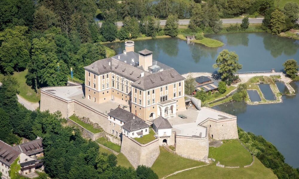 Luftaufnahme einer großen historischen Burg mit Steinmauern, umgeben von Bäumen, Wasser und nahe gelegenen Straßen, bei klarem Tageslicht.