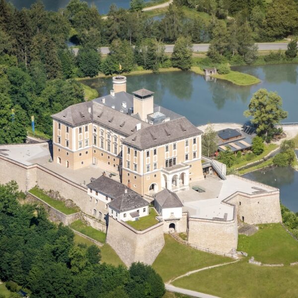 Luftaufnahme einer großen historischen Burg mit Steinmauern, umgeben von Bäumen, Wasser und nahe gelegenen Straßen, bei klarem Tageslicht.