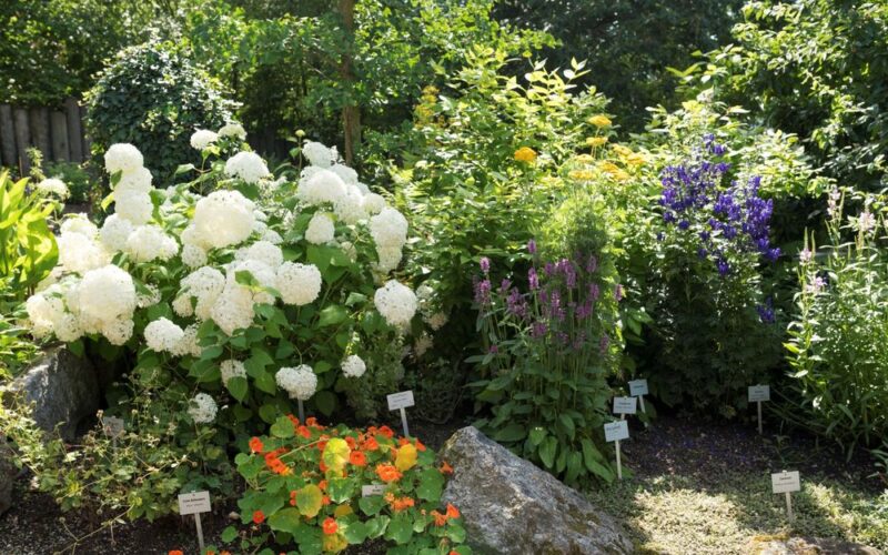 Ein Garten mit Büscheln weißer, orangefarbener, gelber und violetter Blumen, verschiedenen Grünpflanzen, Steinen und kleinen Pflanzenkennzeichnungsschildern.