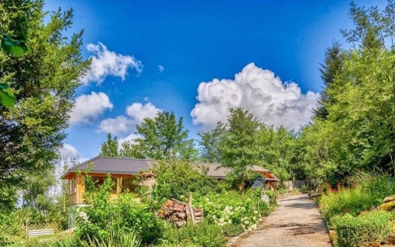 Ein gepflasterter Weg führt zu einem Haus, das von Bäumen, Sträuchern und Blumen unter einem blauen Himmel mit vereinzelten Wolken umgeben ist.
