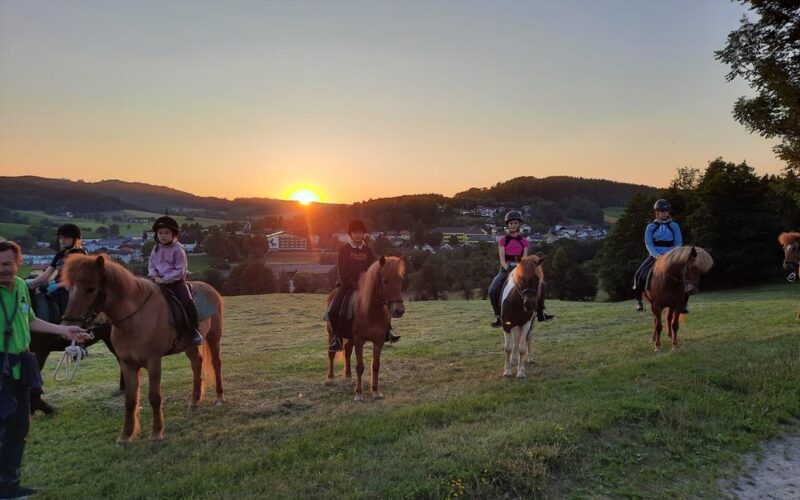 Fünf reitende Kinder stehen bei Sonnenuntergang auf einer grasbewachsenen Wiese, im Hintergrund sind ein Dorf und Hügel zu sehen.