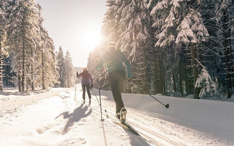 Zwei Personen laufen auf einer schneebedeckten Loipe durch einen Wald mit hohen, schneebedeckten Bäumen bei strahlendem Sonnenschein Langlauf.