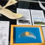 Vitrine mit Modellen früher Flugmaschinen, Informationsblättern, einem gerahmten flügelförmigen Objekt und einem Zeitdiagramm, die alle mit der Geschichte der Luftfahrt zu tun haben.