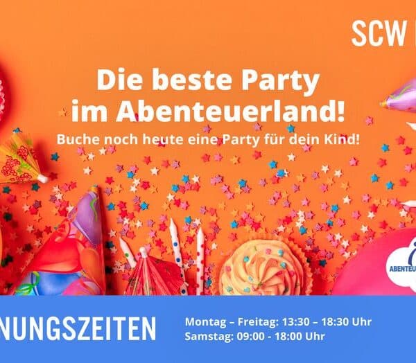 Bunte Partydekoration und Geburtstagsleckereien mit deutschem Text, der für Kinderpartys im Abenteuerland wirbt, und unten aufgeführten Öffnungszeiten.