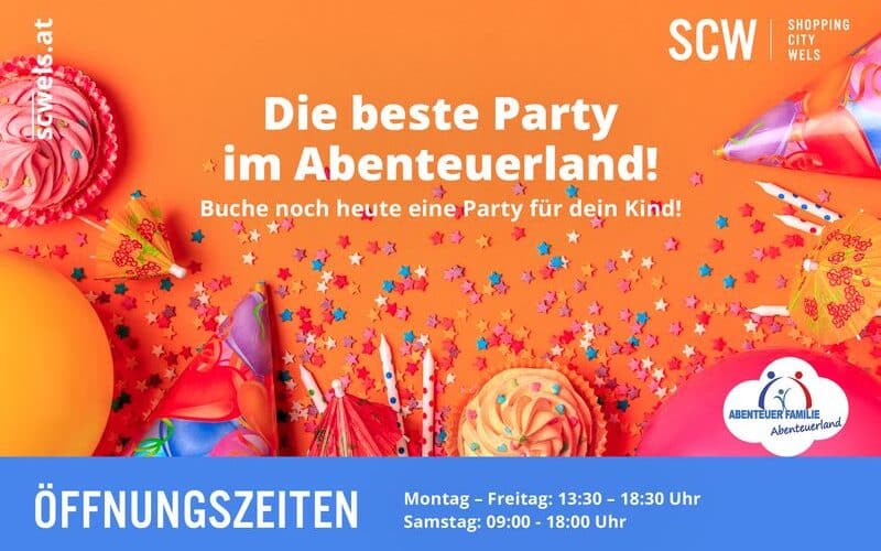 Bunte Partydekoration und Geburtstagsleckereien mit deutschem Text, der für Kinderpartys im Abenteuerland wirbt, und unten aufgeführten Öffnungszeiten.