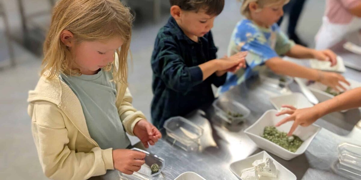 Drei kleine Kinder stehen an einem Tisch und formen während einer praktischen Kochaktion Kugeln aus einer grünen Kräutermischung in weißen Schalen.