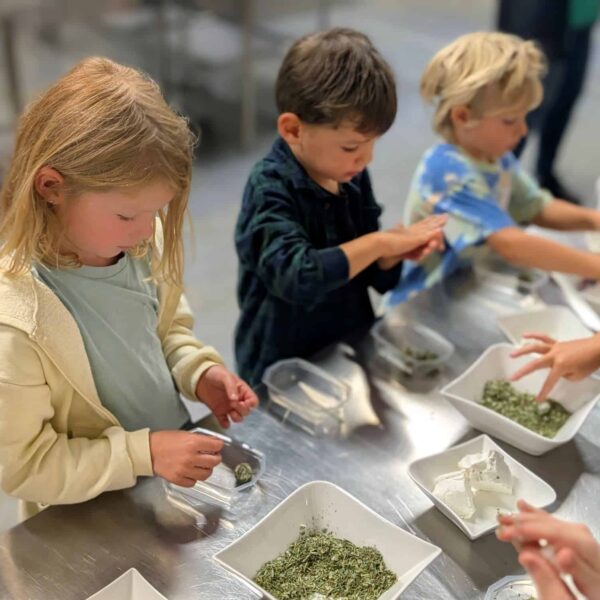 Drei kleine Kinder stehen an einem Tisch und formen während einer praktischen Kochaktion Kugeln aus einer grünen Kräutermischung in weißen Schalen.