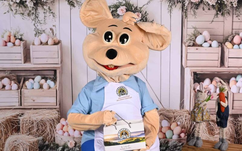 Eine Person in einem großen Mäusekostüm mit blauem Hemd und Schürze, die eine Schachtel in der Hand hält, sitzt vor einer pastellfarbenen Osterdekoration mit Eiern und Blumen.