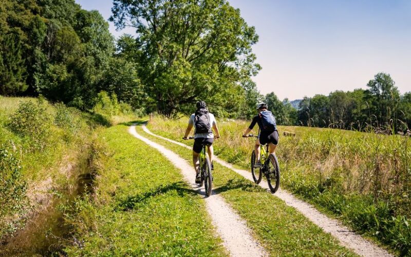 Zwei Personen fahren mit dem Fahrrad auf einem schmalen Feldweg durch eine grüne, bewaldete Landschaft unter einem klaren blauen Himmel.