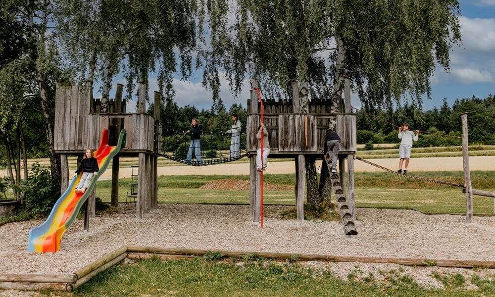 Die Kinder spielen auf einem hölzernen Spielplatz mit Rutschen, Leitern und einer Seilbrücke, umgeben von Bäumen und Wiesen.