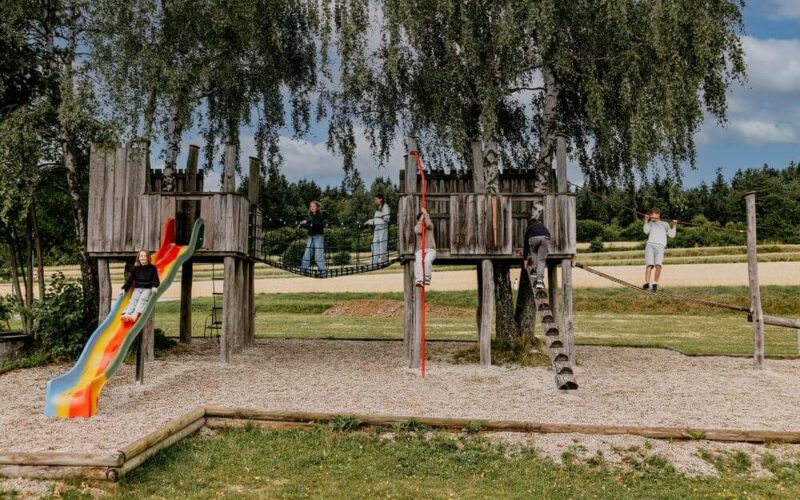 Die Kinder spielen auf einem hölzernen Spielplatz mit Rutschen, Leitern und einer Seilbrücke, umgeben von Bäumen und Wiesen.