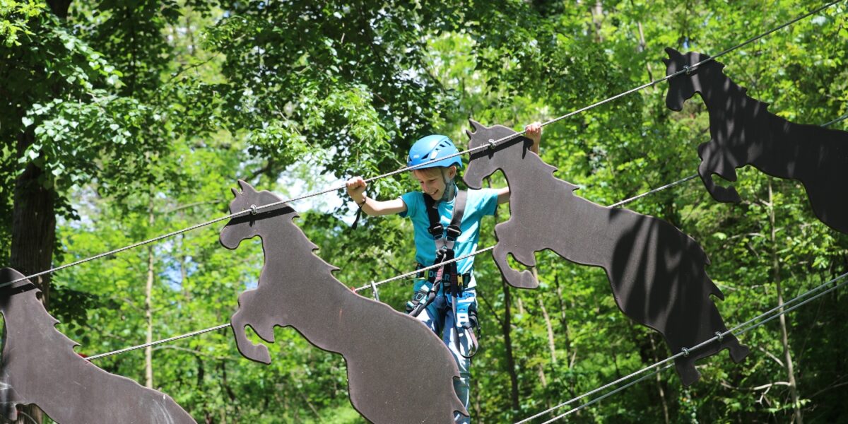 Ein Kind, das einen Helm und einen Klettergurt trägt, überquert in einem von Bäumen umgebenen Outdoor-Abenteuerpark eine Seilbrücke, die aus pferdeförmigen Ausschnitten besteht.