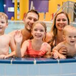 Eine lächelnde Familie mit zwei Erwachsenen und drei Kindern posiert gemeinsam im flachen Ende eines Hallenbades.