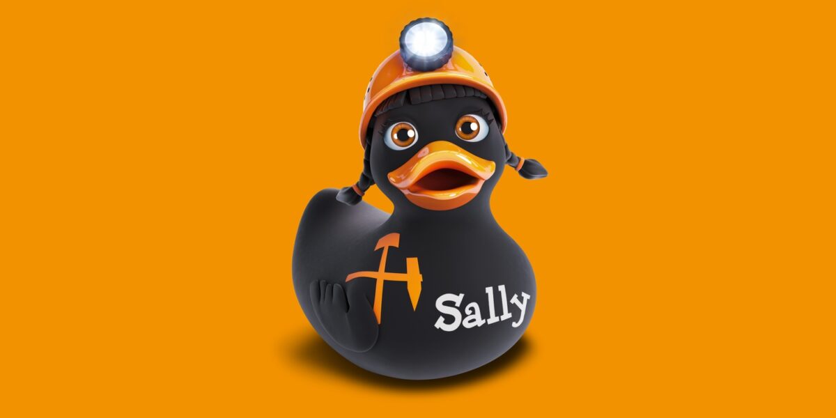 Eine schwarze Gummiente mit Zöpfen, ein orangefarbener Bergarbeiterhelm mit Licht, eine orangefarbene Spitzhacke und der Name "Sally" auf der Seite, vor einem orangefarbenen Hintergrund.