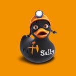 Eine schwarze Gummiente mit Zöpfen, ein orangefarbener Bergarbeiterhelm mit Licht, eine orangefarbene Spitzhacke und der Name "Sally" auf der Seite, vor einem orangefarbenen Hintergrund.