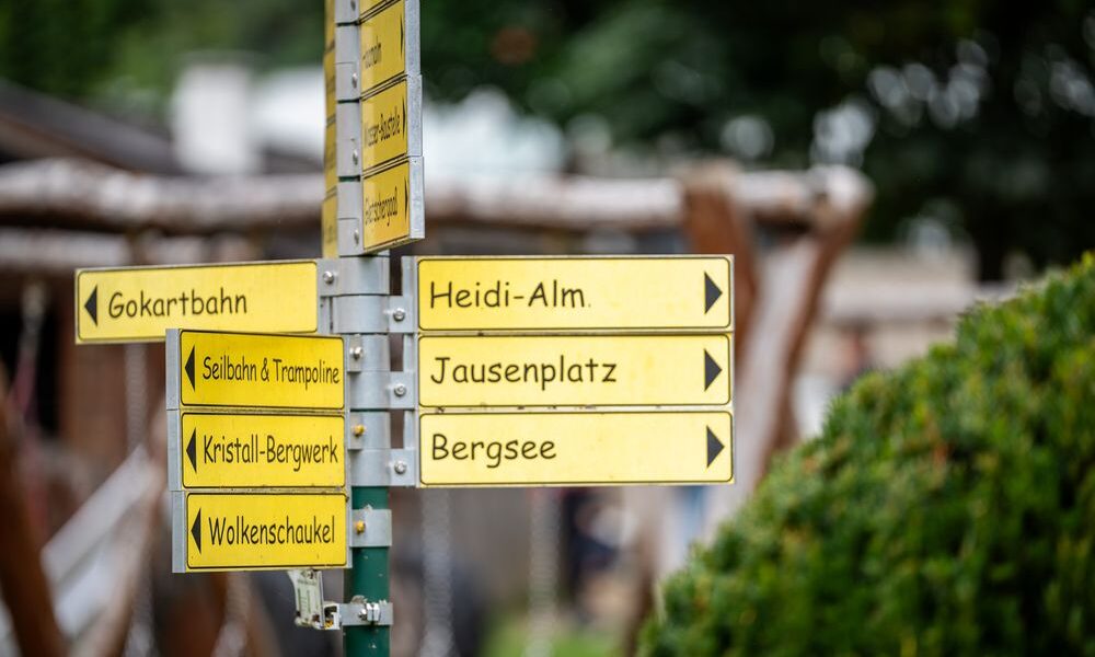 An einem Metallmast sind mehrere gelbe Wegweiser mit schwarzer Schrift angebracht, die auf Attraktionen wie Gokartbahn, Heidi-Alm, Jausenplatz, Bergsee, Salzlolin & Trampolin und andere hinweisen.