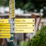 An einem Metallmast sind mehrere gelbe Wegweiser mit schwarzer Schrift angebracht, die auf Attraktionen wie Gokartbahn, Heidi-Alm, Jausenplatz, Bergsee, Salzlolin & Trampolin und andere hinweisen.