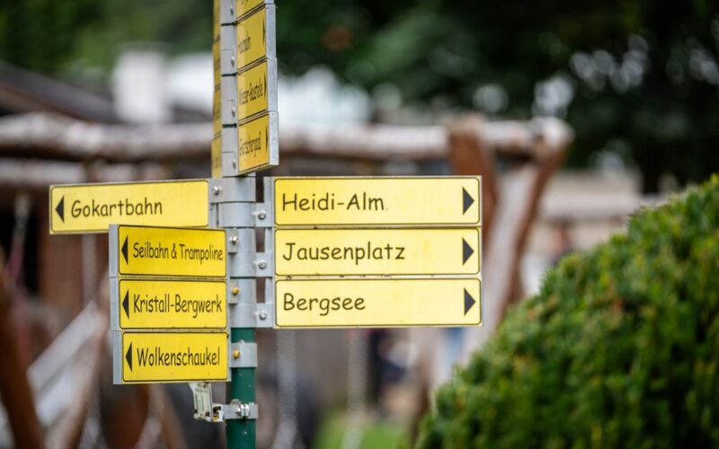 An einem Metallmast sind mehrere gelbe Wegweiser mit schwarzer Schrift angebracht, die auf Attraktionen wie Gokartbahn, Heidi-Alm, Jausenplatz, Bergsee, Salzlolin & Trampolin und andere hinweisen.