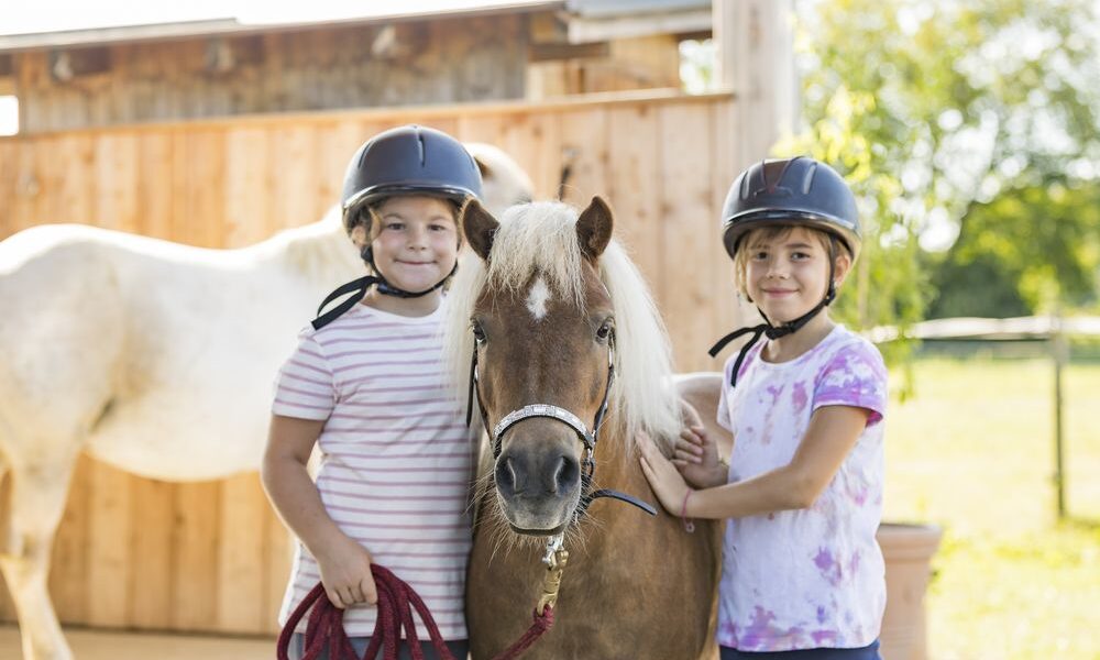Zwei Kinder mit Helmen stehen neben einem kleinen braunen Pony und lächeln in die Kamera. Im Hintergrund sind ein weißes Pferd und ein Holzzaun zu sehen.