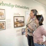 Zwei Erwachsene mit Audioguides betrachten eine Museumsausstellung mit dem Titel „Lebendige Entwicklung“, die Fotos und Texte zu Ereignissen aus den Jahren 2007 und 2008 zeigt.