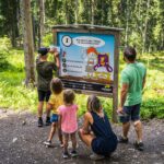 Eine fünfköpfige Familie, darunter drei Kinder, steht auf einem Waldweg und liest ein illustriertes Informationsschild über Tiere.