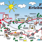 Illustrierte Karte von FLORI's Erlebnispfad mit einem spielerischen Erlebnispfad mit 18 nummerierten Attraktionen, beginnend beim Waldgasthof und endend bei der Mittelstation, mit verschiedenen Spielbereichen und Aktivitäten.
