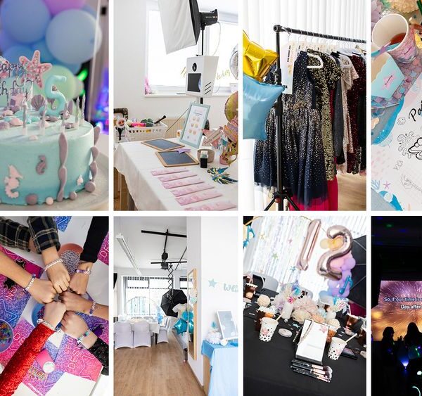 Eine Collage von Bildern zeigt einen geschmückten Veranstaltungsraum, Kuchen, Partygeschenke, bunte Basteleien, Kostüme, Gruppenaktivitäten und Menschen, die an einer Feier teilnehmen.