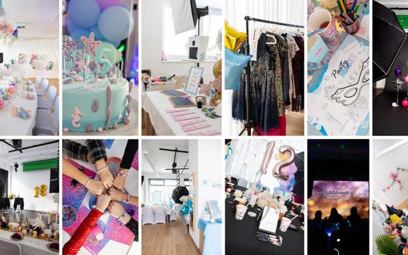 Eine Collage von Bildern zeigt einen geschmückten Veranstaltungsraum, Kuchen, Partygeschenke, bunte Basteleien, Kostüme, Gruppenaktivitäten und Menschen, die an einer Feier teilnehmen.