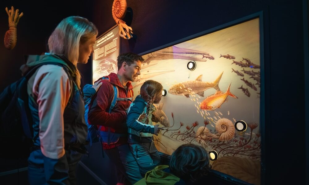 Eine Familie betrachtet eine beleuchtete Unterwasserausstellung mit prähistorischen Meerestieren in einer Museumsausstellung.