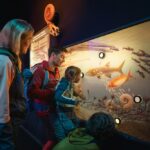 Eine Familie betrachtet eine beleuchtete Unterwasserausstellung mit prähistorischen Meerestieren in einer Museumsausstellung.